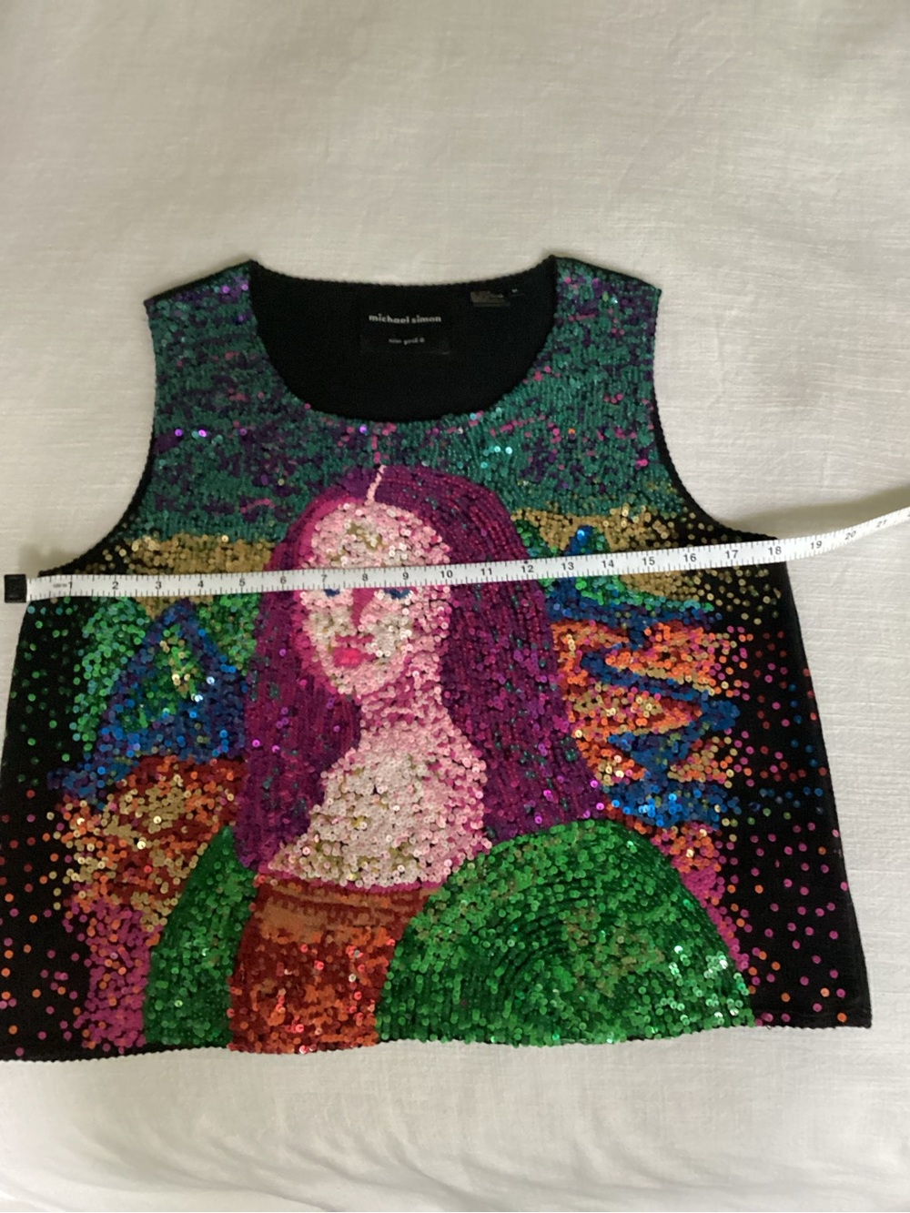 Vintage Michael Simon Mona Lisa Sequin Tank Top Medium Wearable Art Vest Y2K - Picture 11 of 13